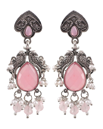Pink Drop Oxidised Silver Earrings with for Girls &amp; Women-2