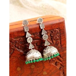 Gonasika Boho-Kissed Antique Oxidised Silver Pearl Jhumkas with Green Drops for Chic Feminine Flair
