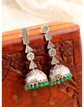 Boho-Kissed Antique Oxidised Silver Pearl Jhumkas with Green Drops for Chic Feminine Flair