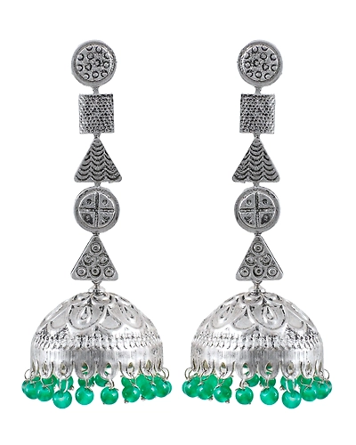 Boho-Kissed Antique Oxidised Silver Pearl Jhumkas with Green Drops for Chic Feminine Flair-1