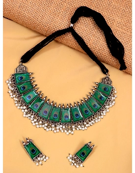 Oxidised Silver-Plated Elegant Designer Peacock Feather Style Jewellery Set With Earring Set CFS0373