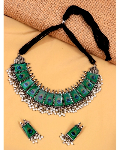 Oxidised Silver-Plated Elegant Designer Peacock Feather Style Jewellery Set With Earring Set CFS0373-12668407