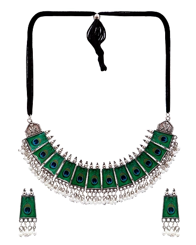 Oxidised Silver-Plated Elegant Designer Peacock Feather Style Jewellery Set With Earring Set CFS0373-1
