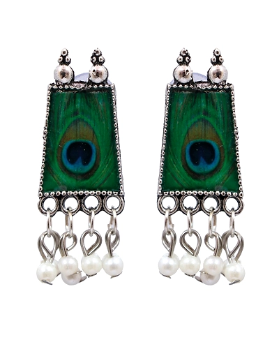 Oxidised Silver-Plated Elegant Designer Peacock Feather Style Jewellery Set With Earring Set CFS0373-2