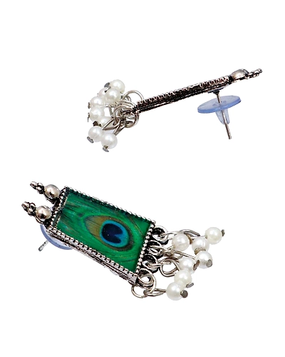 Oxidised Silver-Plated Elegant Designer Peacock Feather Style Jewellery Set With Earring Set CFS0373-3