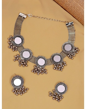Oxidised Silver Plated Mirror Work Set Fashionable Jewelry for Women and Girls