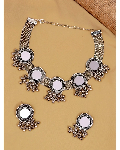 Oxidised Silver Plated Mirror Work Set Fashionable Jewelry for Women and Girls-12668405