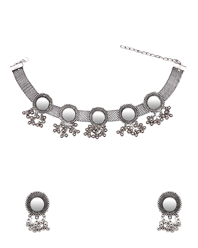 Oxidised Silver Plated Mirror Work Set Fashionable Jewelry for Women and Girls-1