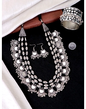Mirror Work Long Oxidised Silver Jewellery Set for Girls
