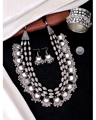 Mirror Work Long Oxidised Silver Jewellery Set for Girls-12668399