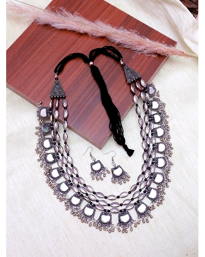 Mirror Work Long Oxidised Silver Jewellery Set for Girls-1
