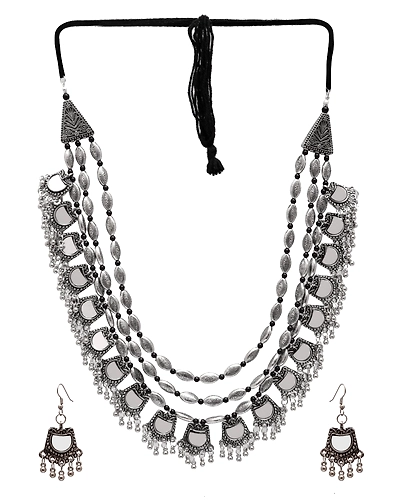 Mirror Work Long Oxidised Silver Jewellery Set for Girls-2