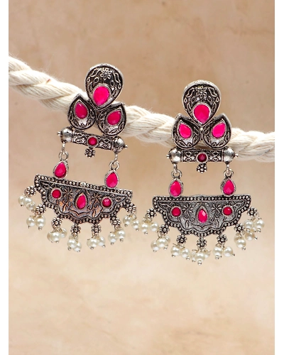Antique Red Oxidised Silver Earrings for Woman &amp; Girls-2