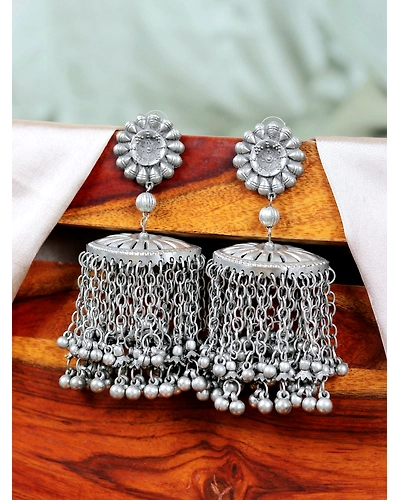 Long and Big Oxidised Silver Pakistani Banjara Jhumka Earrings-2