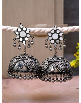 Anam Oxidised Silver Banjara Jhumka- Boho Style Big Ghoongoo Jhumka Earrings for Women
