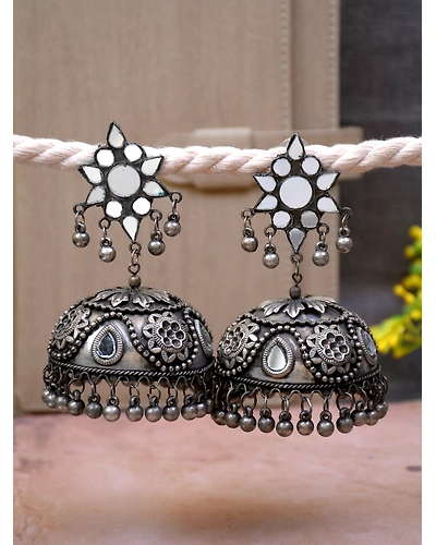 Anam Oxidised Silver Banjara Jhumka- Boho Style Big Ghoongoo Jhumka Earrings for Women-12668385