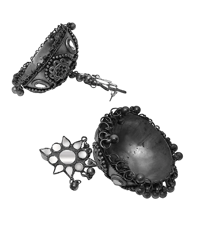 Anam Oxidised Silver Banjara Jhumka- Boho Style Big Ghoongoo Jhumka Earrings for Women-2