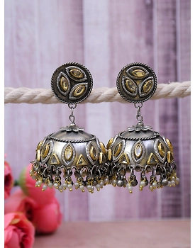 Falak Oxidised Silver Jhumka Earrings for Girls and Women- Boho Fashion Kundan Studded Jhumka Earrings for Girls