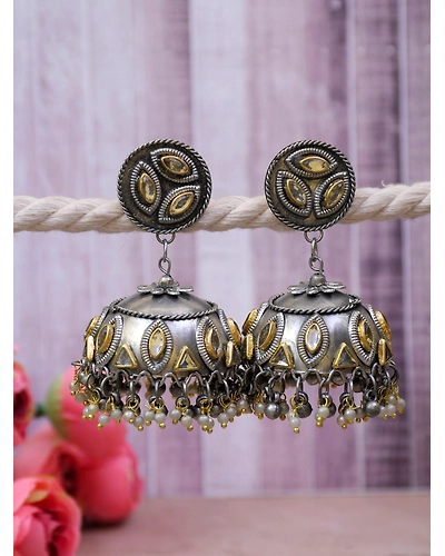Falak Oxidised Silver Jhumka Earrings for Girls and Women- Boho Fashion Kundan Studded Jhumka Earrings for Girls-12668383