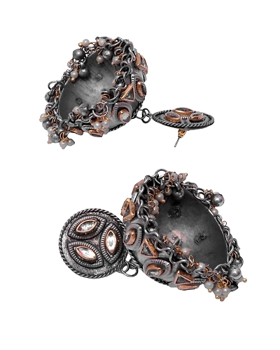 Falak Oxidised Silver Jhumka Earrings for Girls and Women- Boho Fashion Kundan Studded Jhumka Earrings for Girls-2