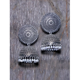 Gonasika Oxidised Silver Jhumka Earrings with Pearl Drops