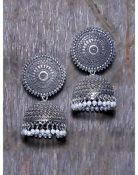 Oxidised Silver Jhumka Earrings with Pearl Drops