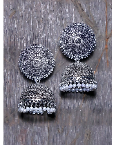 Oxidised Silver Jhumka Earrings with Pearl Drops-12668377