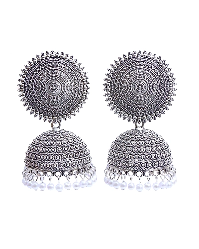 Oxidised Silver Jhumka Earrings with Pearl Drops-1