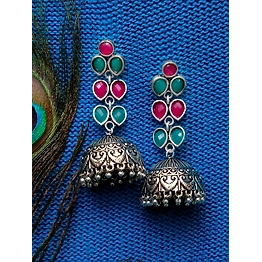 Gonasika Oxidised Silver Multicolour Jhumka Earrings for Women