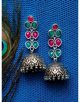Oxidised Silver Multicolour Jhumka Earrings for Women