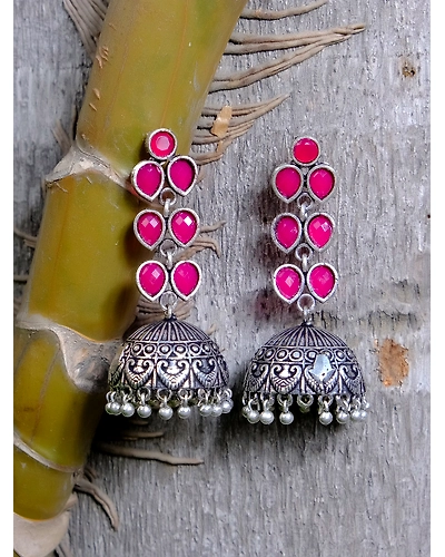 Oxidised Silver Multicolour Jhumka Earrings for Women-2