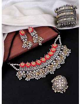 Kundan Studded Oxidised Silver Jewellery Set for Women