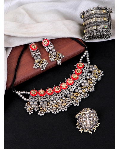 Kundan Studded Oxidised Silver Jewellery Set for Women-12668373