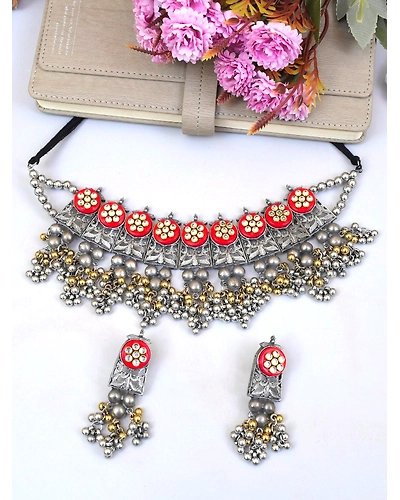 Kundan Studded Oxidised Silver Jewellery Set for Women-1