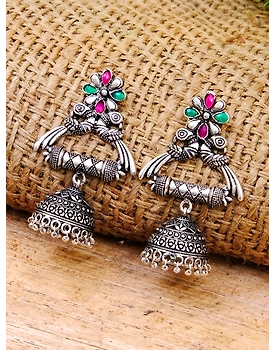 Oxidised Silver Plated crystal Studded Peacock Jhumka Earrings for Women Girls
