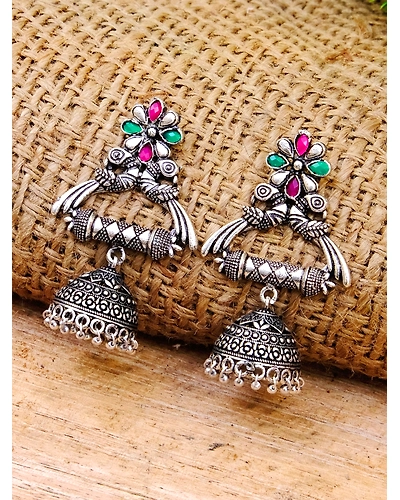 Oxidised Silver Plated crystal Studded Peacock Jhumka Earrings for Women Girls-12668367