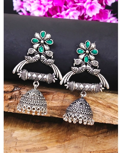 Oxidised Silver Plated crystal Studded Peacock Jhumka Earrings for Women Girls-1