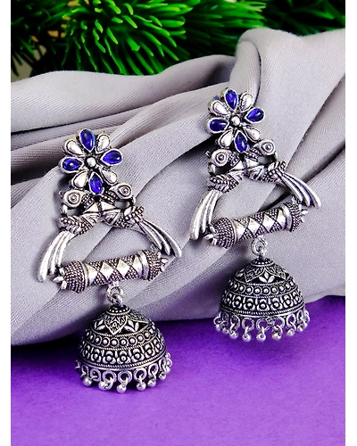 Oxidised Silver Plated crystal Studded Peacock Jhumka Earrings for Women Girls-2