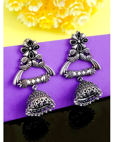 Oxidised Silver Plated crystal Studded Peacock Jhumka Earrings for Women Girls-3