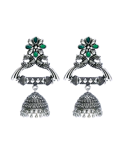 Oxidised Silver Plated crystal Studded Peacock Jhumka Earrings for Women Girls-4