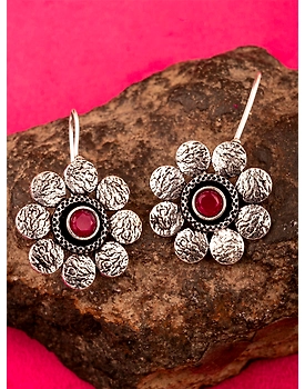 Oxidised Silver Red Flower Earrings For Women and Girls