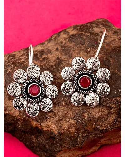 Oxidised Silver Red Flower Earrings For Women and Girls-2