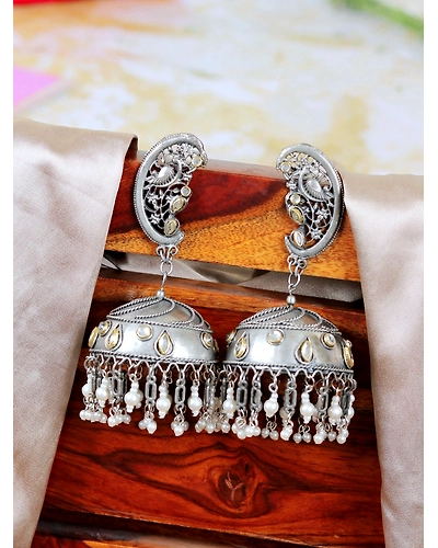 Long Big Oxidised Silver Banjara Jhumka Earrings Perfect for Pakistani Traditional Occasions-1