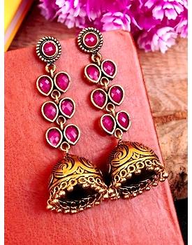 Exquisite Oxidised Silver Jhumka Earrings with Crystal Leaves Design