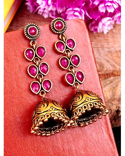 Exquisite Oxidised Silver Jhumka Earrings with Crystal Leaves Design-12668353
