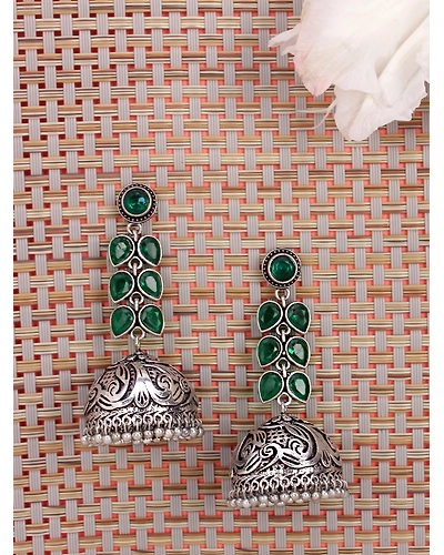 Exquisite Oxidised Silver Jhumka Earrings with Crystal Leaves Design-1