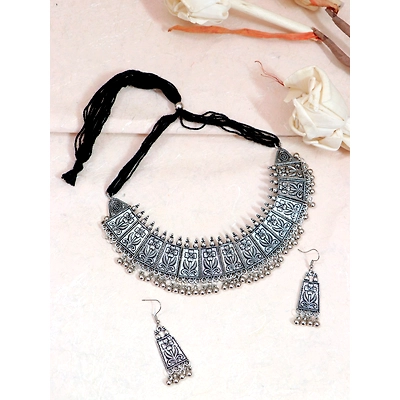 Gonasika Exquisite Meena Work Oxidised Silver Choker Necklace Set for Stylish Women & Girls