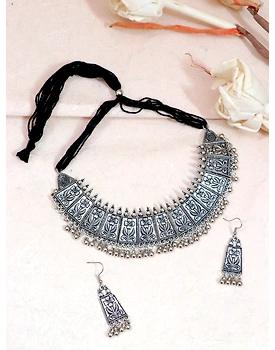 Exquisite Meena Work Oxidised Silver Choker Necklace Set for Stylish Women & Girls