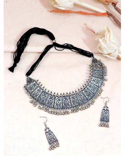Exquisite Meena Work Oxidised Silver Choker Necklace Set for Stylish Women &amp; Girls-12668351