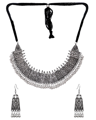 Exquisite Meena Work Oxidised Silver Choker Necklace Set for Stylish Women &amp; Girls-1